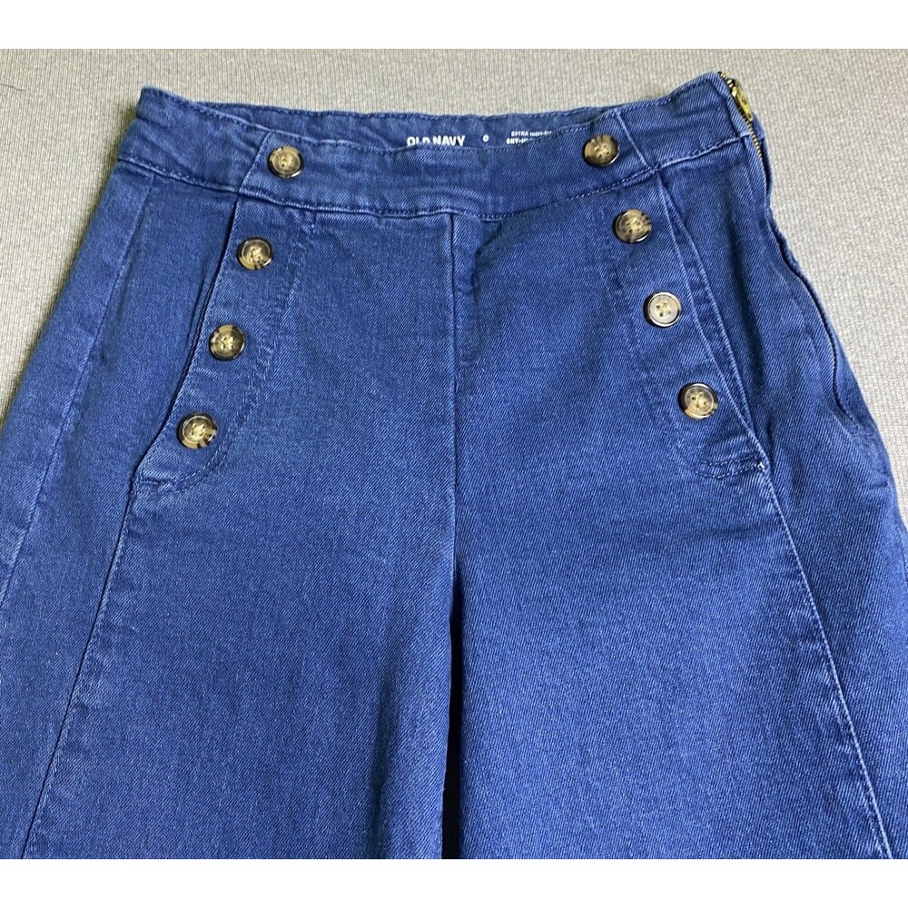 Old Navy Sky-Hi Wide Leg Sailor Pants Extra High Rise Navy Blue Stretch Denim 0 - Picture 3 of 4